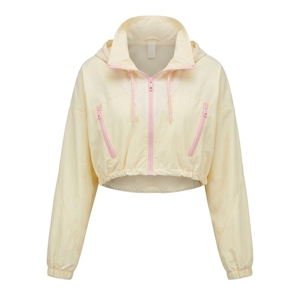Zara Jackets & Blazers - Zara Cropped Yellow Hooded Rain Jacket with Pink Accents size Large